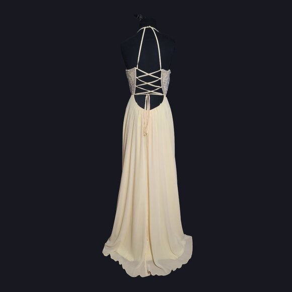Faviana Pastel Yellow Halter Beaded A-line Lace-Up Chiffon Dress New with Tags - Picture 8 of 10